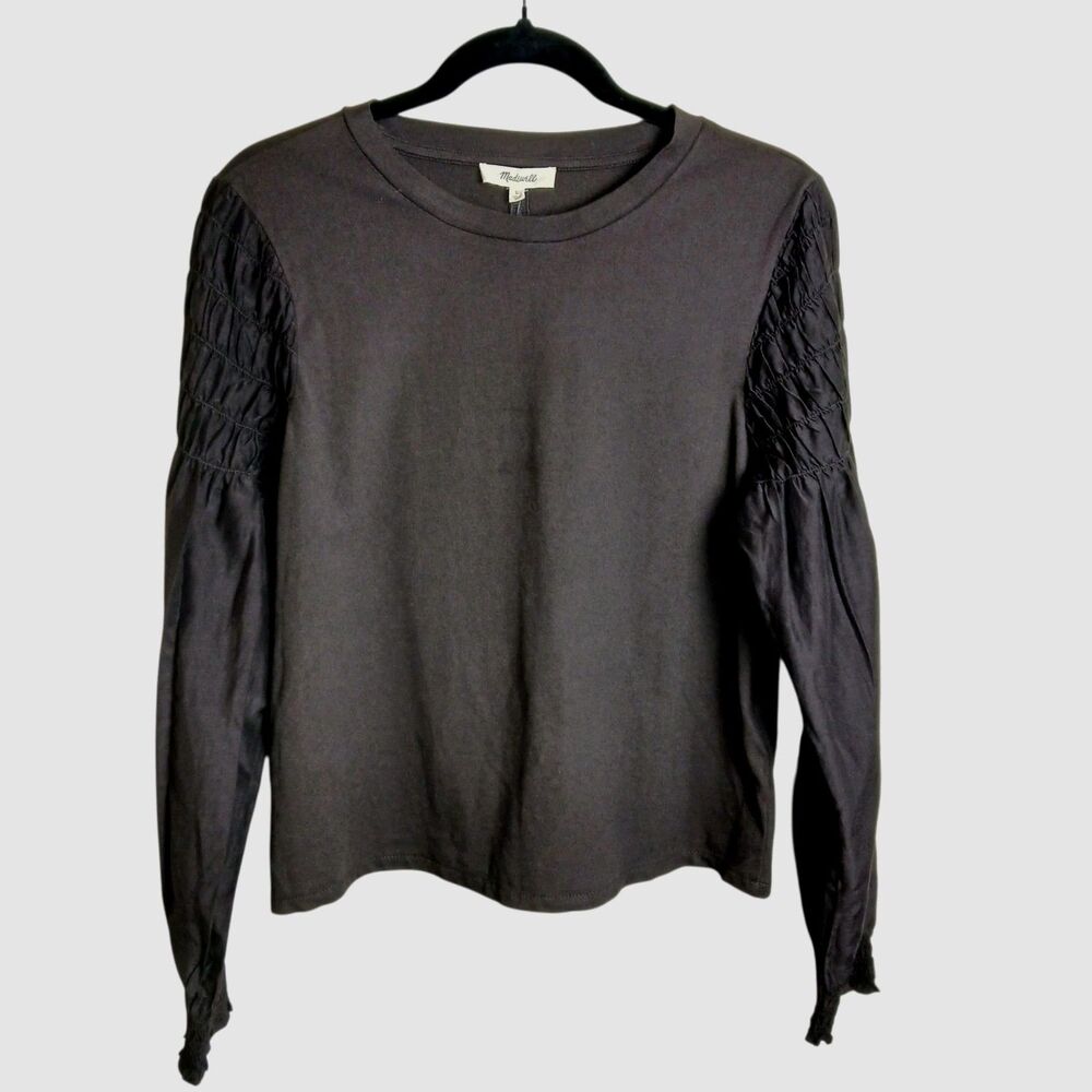NWT Madewell Smocked Silk/Cotton  Long-Sleeve Tee Top  Brown Blouse Size Large